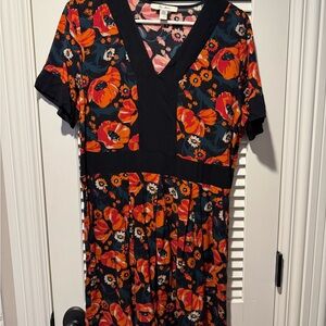 Floral Black and Orange Midi Dress